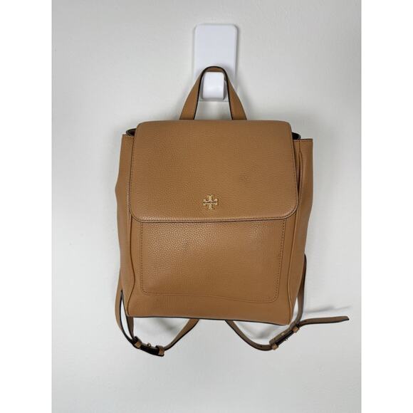Tory Burch Backpack Carter Flap Pebbled Leather Tan Gold 10.2in x 11.8in - Picture 1 of 16